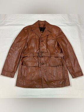 Vtg 70s Berman’s Mens Size 44 Belted Leather Car Driver Coat Removable Fur Vest